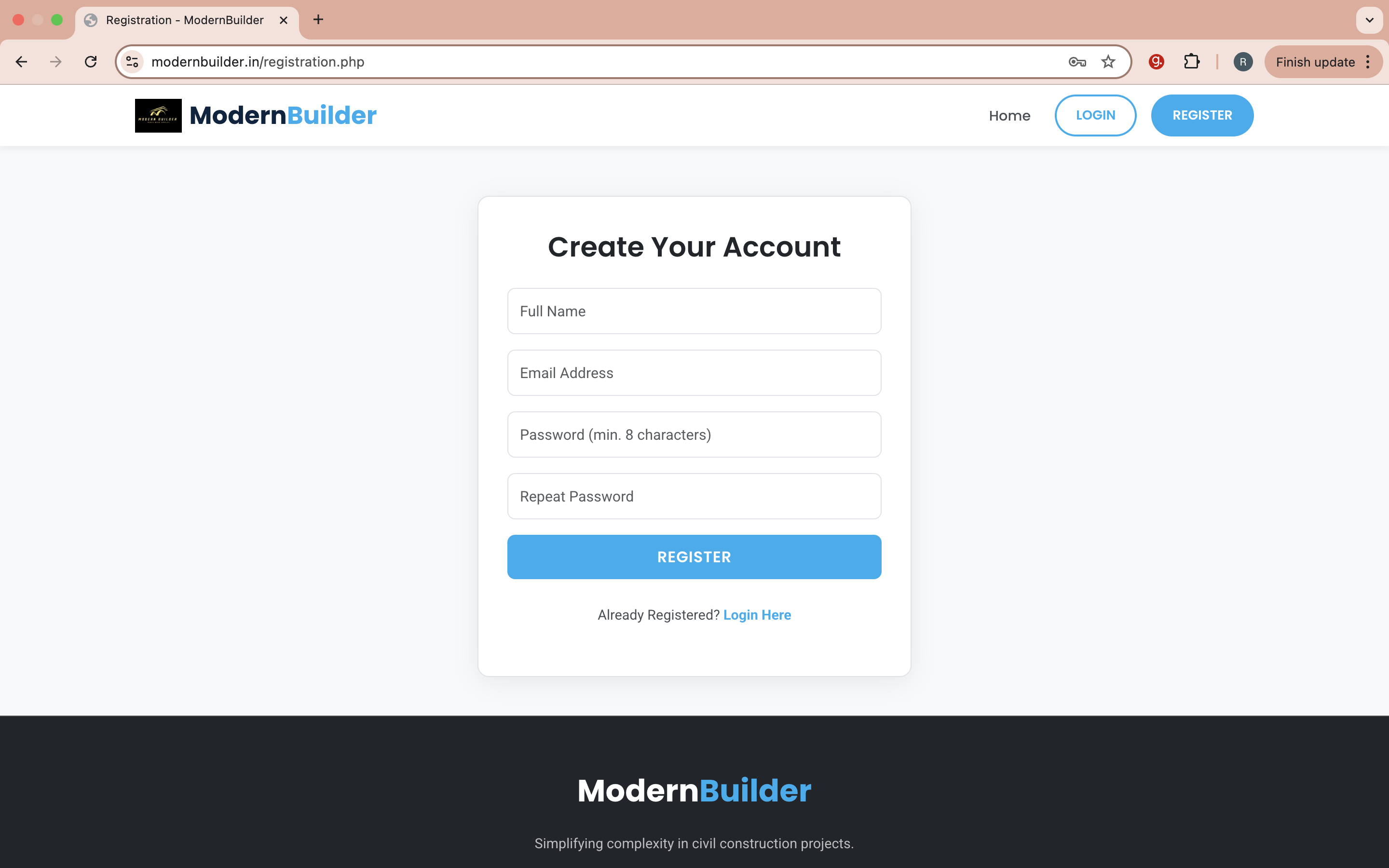 Screenshot of the user registration form